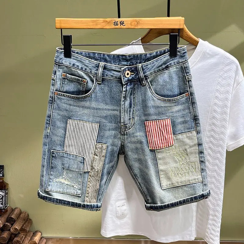 Summer Splicing Fashion Denim Patch Trendy Handsome High end Beggar Short Pants Medium Men Clothes Jeans Shorts 260709
