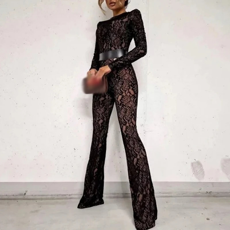 Womens Elegant Office Straight Pants Playsuit Sexy O Neck Lace Slim Club Jumpsuit Autumn Casual Long Sleeved High Waist Romper 260709BJ