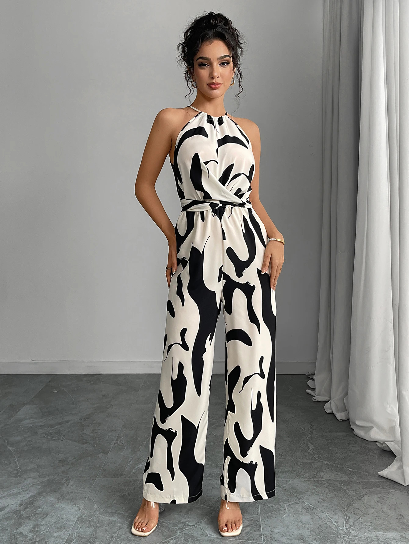 Zebra striped camisole jumpsuit spring and summer European and American style lace up wide leg pants womens clothing 260709BJ