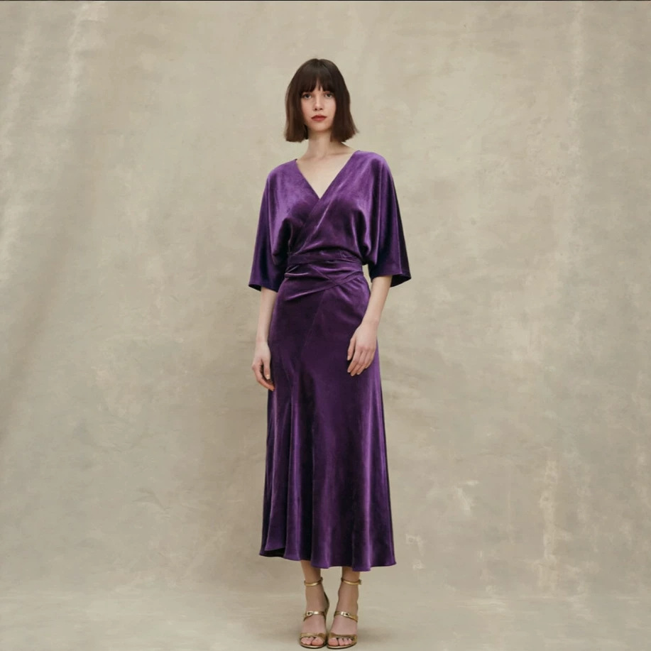 Robe de vacances d'été de conception espagnole, robe en soie d'ammoniac en cuivre plissée en trois dimensions violette à manches moyennes pour la