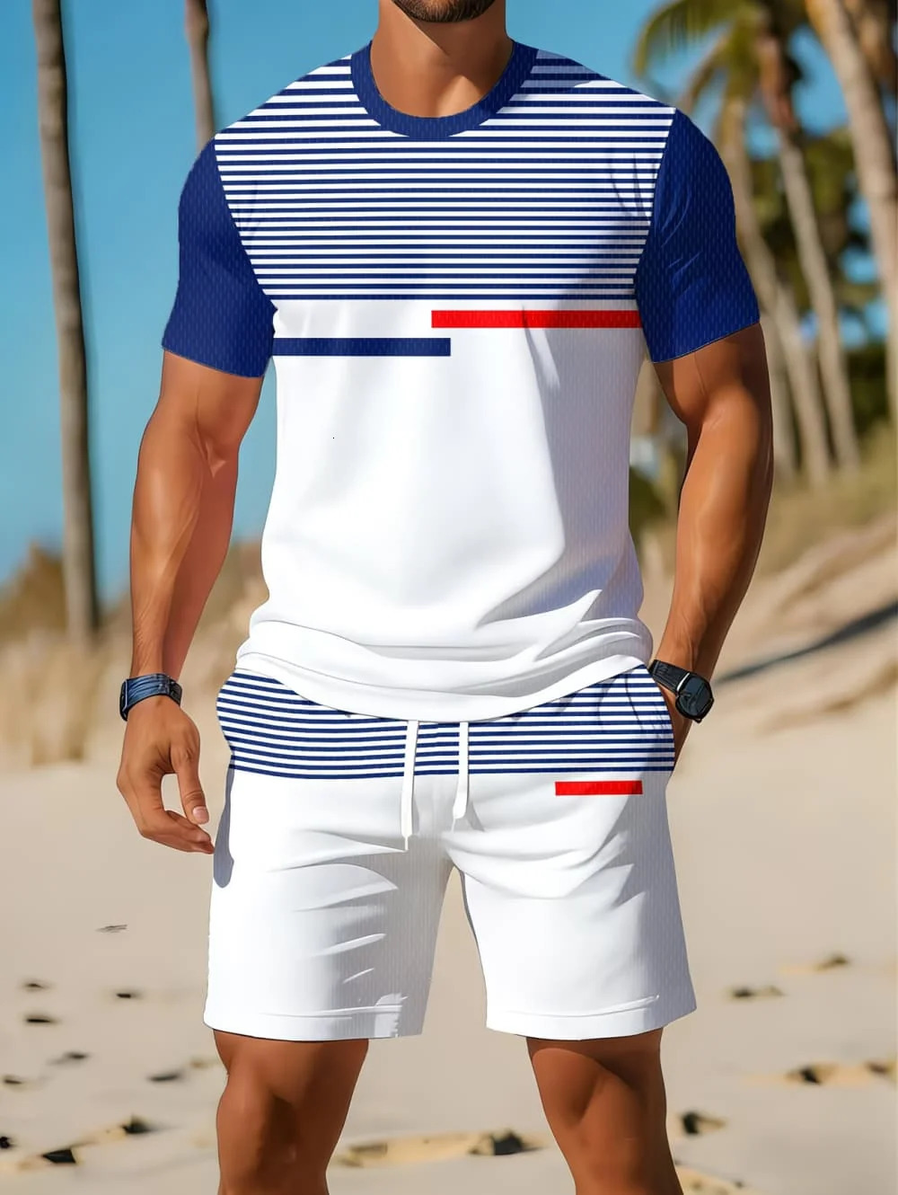 2026 Summer Arrival Mens Casual TwoPiece Set Striped 3D Print ShortSleeve Shirt and Athletic Shorts Fitness 260709BJ