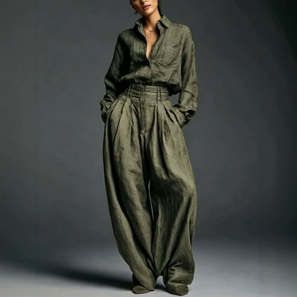 European American Style Solid Color Shirt And Wide Leg Pants For Women 2026 New Model Loose High Waisted Fashion Casual Two Piece Set