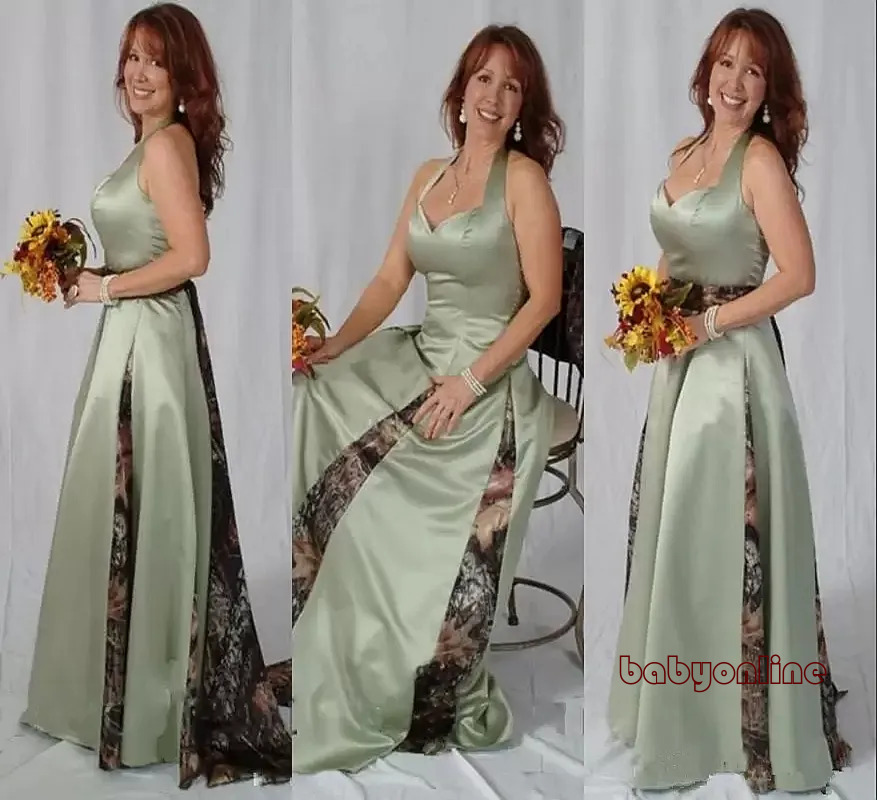 Sage Camo Mother Of The Bride Dresses Long A Line Country Wedding Party Gowns Halter Back Lace Up Plus Size Groom Mom Prom Evening Wear Custom Color