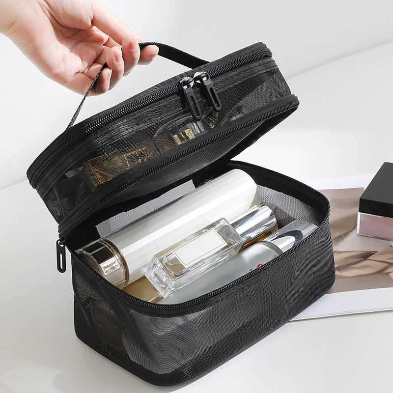 Double Layer Mesh Cosmetic Bag Portable Hand Carry Travel Toiletry Bag Breathable Transparent Mesh Makeup Organizer Skincare Was 260710BJ