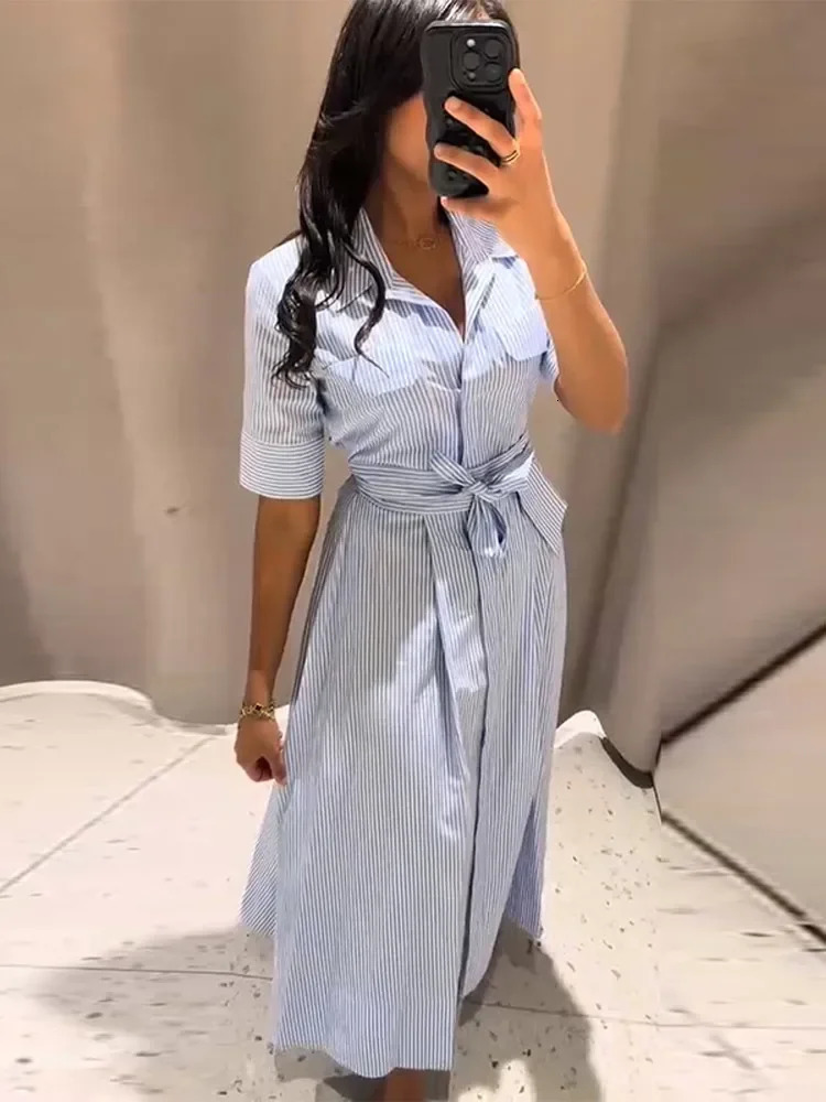 Elegant Womens Striped Long Dress Summer Lace Up Turn Down Collar Single breasted Blue A line Dresses 2026 Lady Holiday Robes 260709