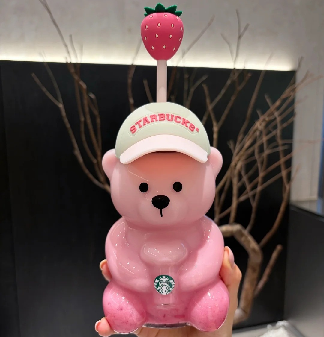 New Strawberry Pink Bearista Glass Cold Cups 20oz With Straw Cute Transparent Tumbler With Hat For Iced Coffee Cold Drinking Mugs For Christmas G-image-506661646