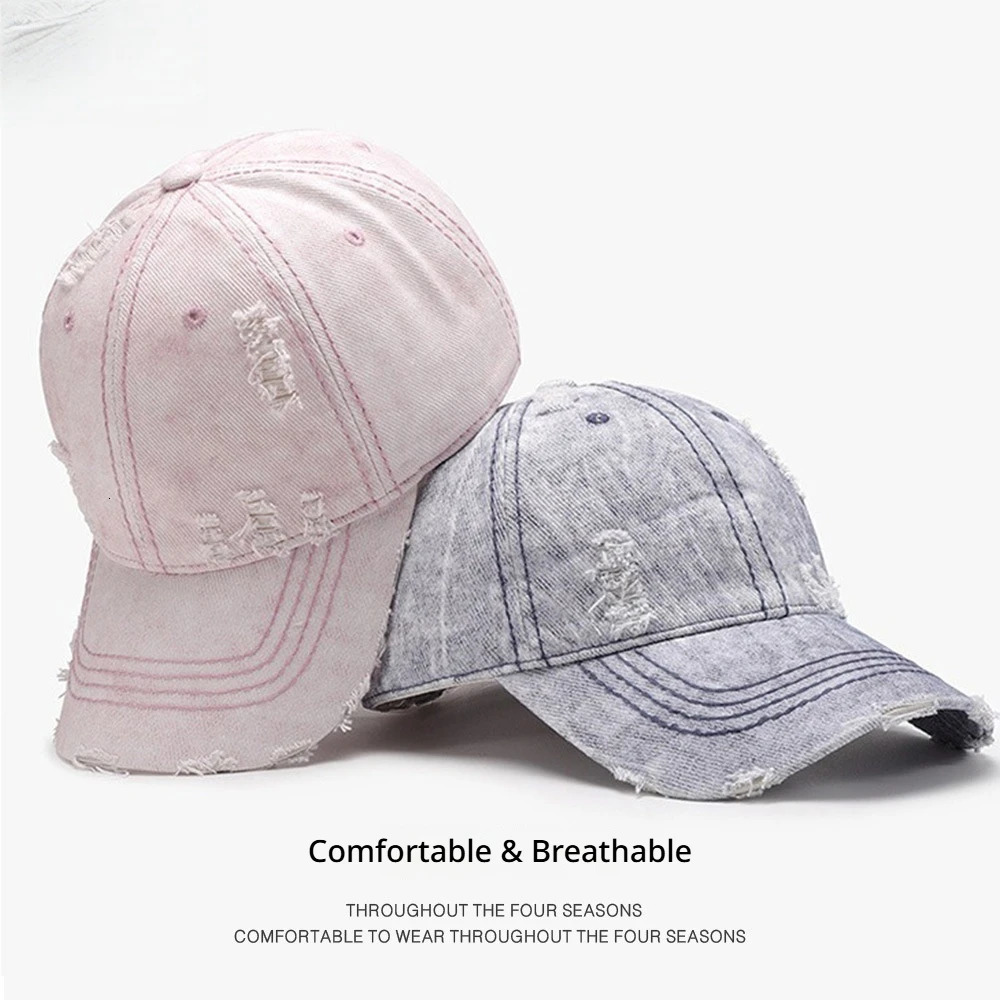 Women Face Slimming Washed Denim Baseball Cap Distressed Ripped Vintage Adjustable Daily Casual Sun Hat 260710BJ