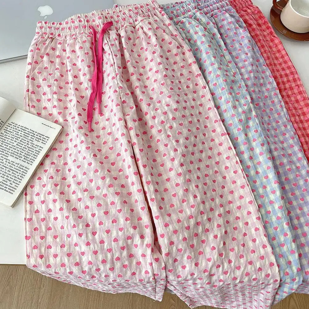 Summer Pajama Pants Woman Heart Print Trousers Gauze Home Casual Simple Ladies Sleeping 260707