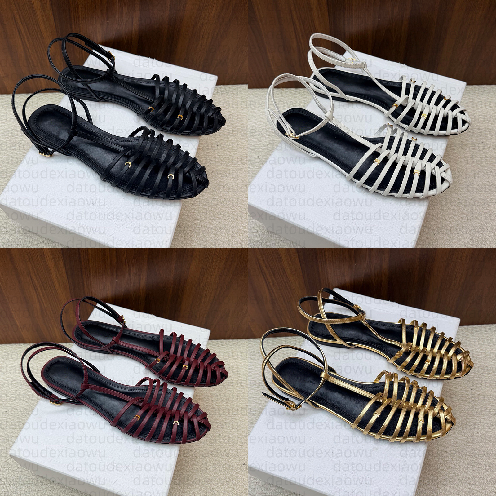Designer Womens exquisite goatskin CAGE FLAT sandal Classic unique Cage effect Almond toe shape daily outfit sandals gold silver metals iconic decor