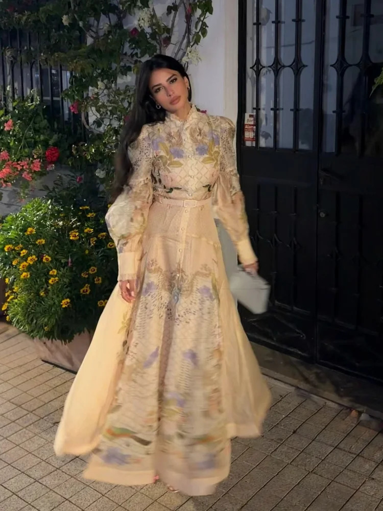 Floral Print Women Dress Button Down Mock Neck Maxi Dresses Long Lantern Sleeve A Line Waist Belt Flared Hem Elegant Streetwear 260709