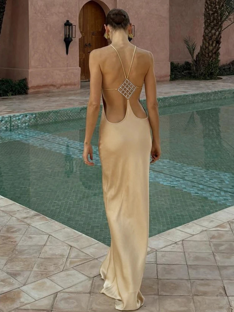Nibber Sleeveless Halter Satin Dress Women Metal Buckle Elegant Patchwork Fashion Classic Evening Party Backless Long Bodycon 260710BJ