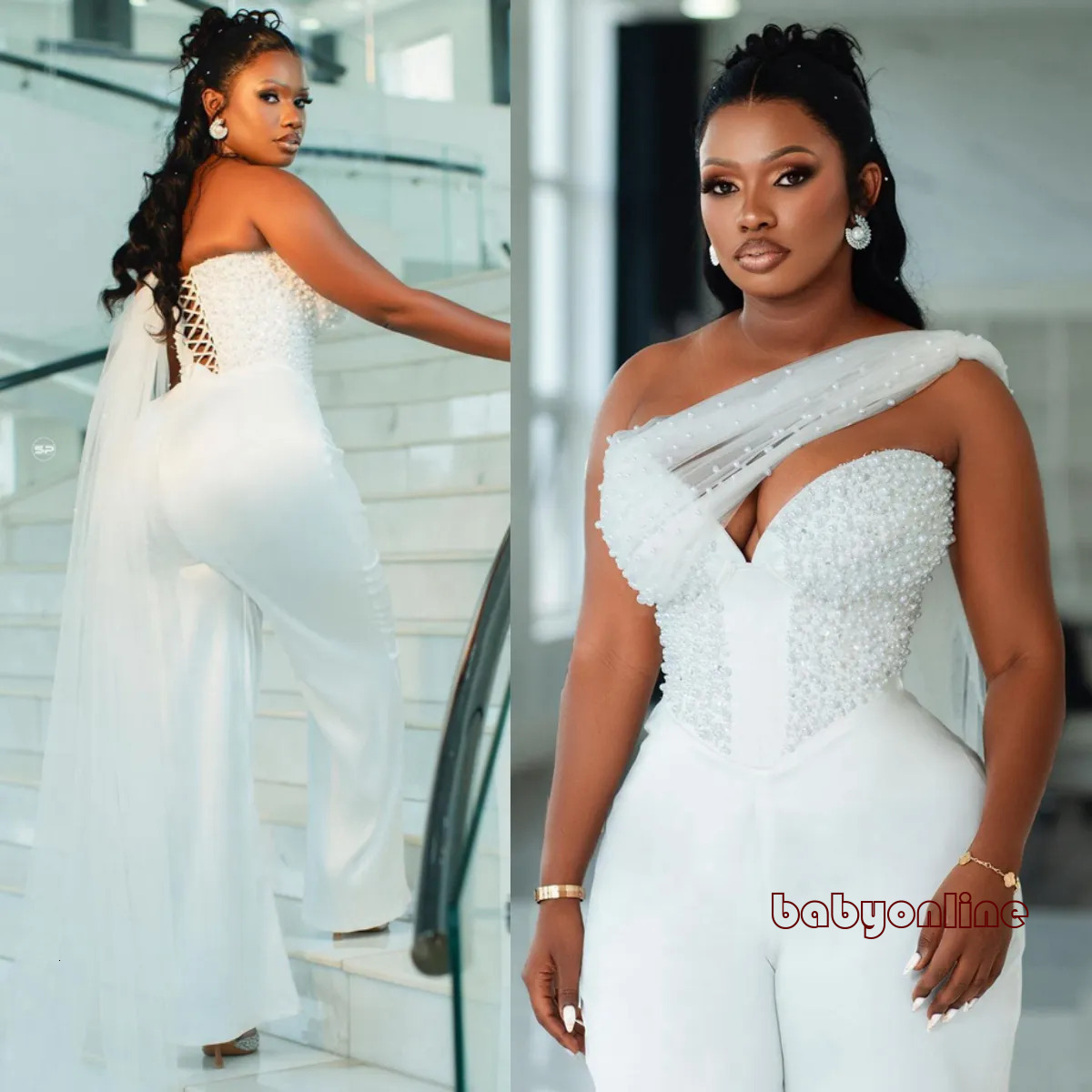 African Aso Ebi Prom Dress Off White Jumpsuits One Shoulder Sexy Pearls Sequined Lace Evening Formal For Nigeria Black Women Birthday Gowns Am724