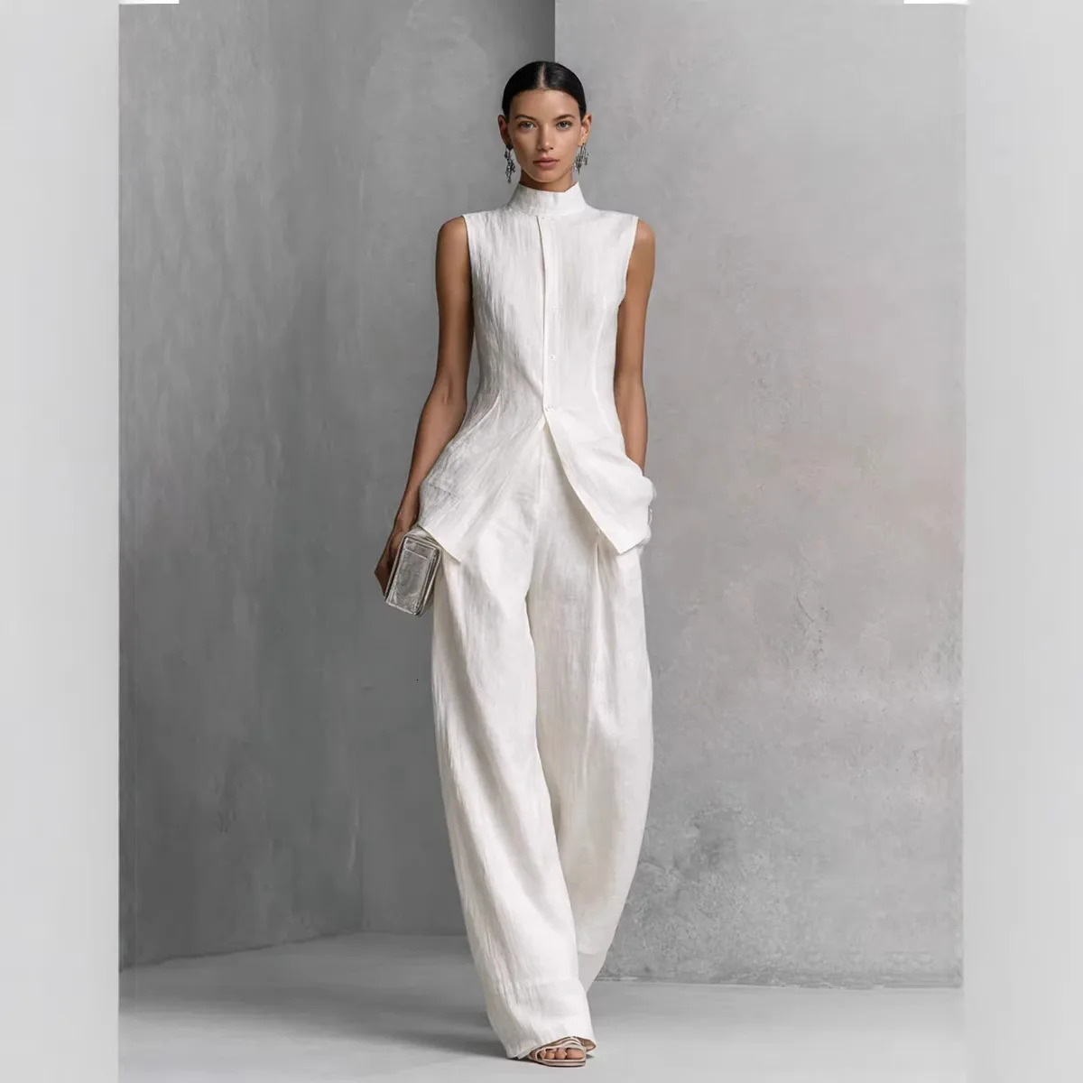 Womens Two-piece Sleeveless Half-high Collar Slit Waist Vest Wide-leg Pants 2026 Summer Fashion Casual Solid Color Suit 260708BJ