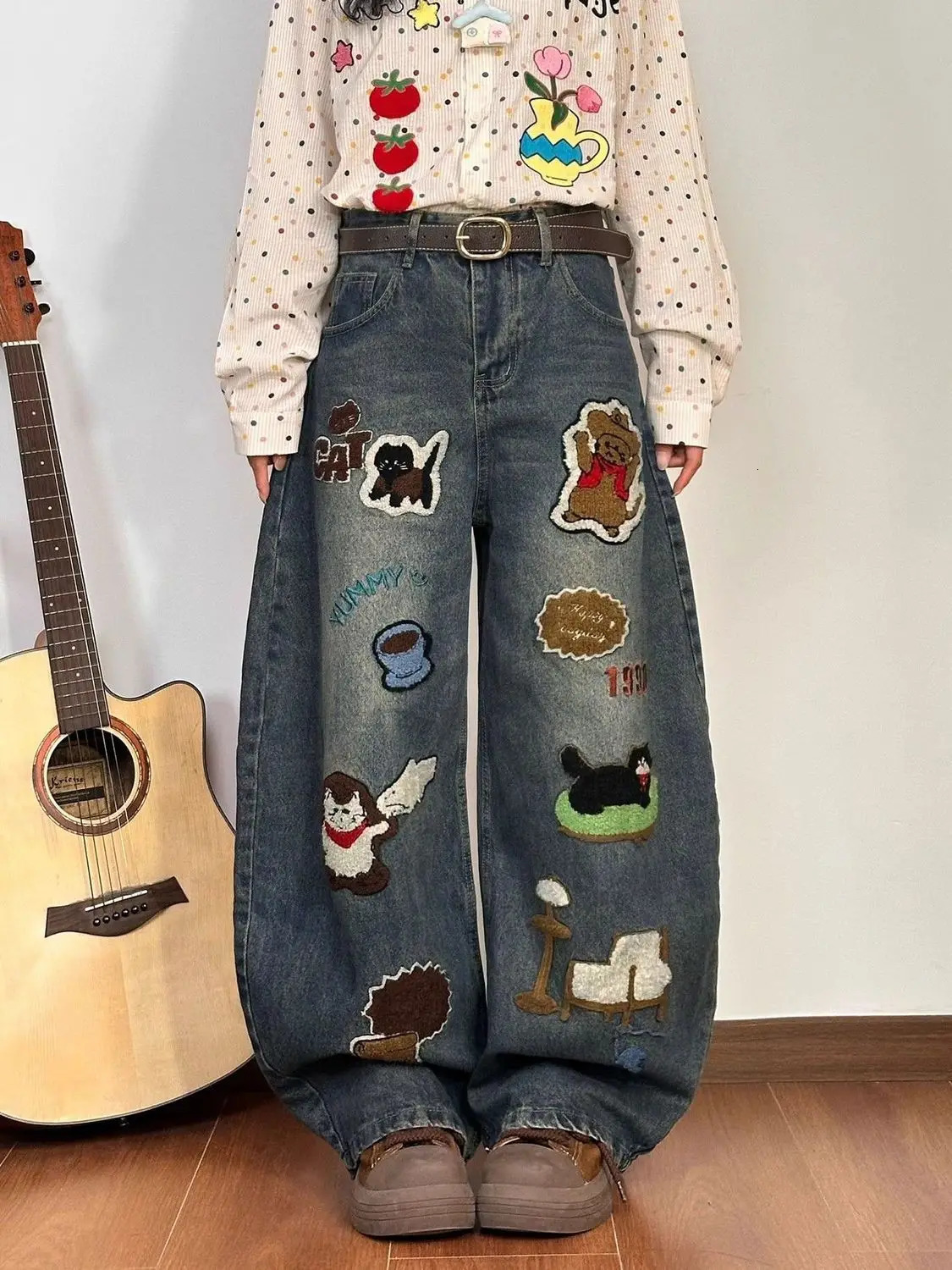 Washed Denim Pants American Fashion HighEnd Cartoon Embroidery Personality Casual FloorLength Wide Leg Jeans Men Women 260701