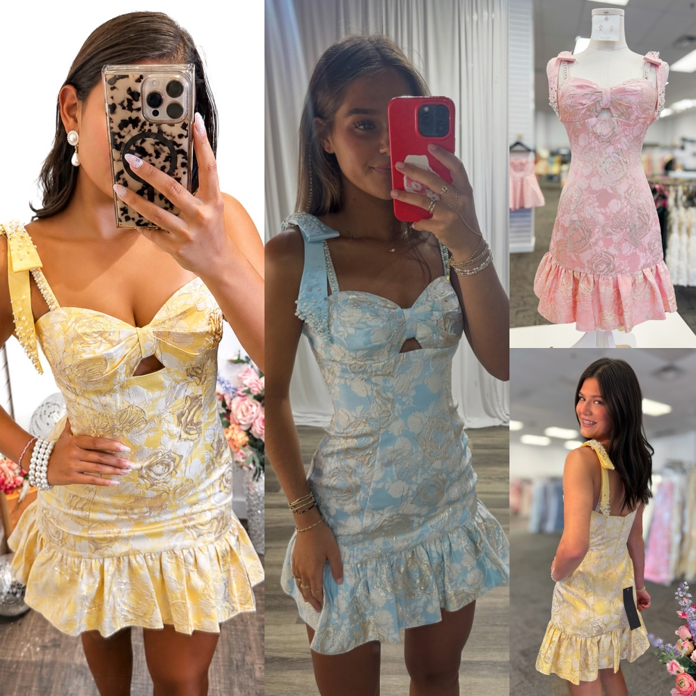 Brocade Hoco Dress For Teen Girl Bow Straps Metallic Floral Jacquard Slim Fit Short Homecoming Junior Prom Cocktail Party Gown Date Night Sweet 16 K