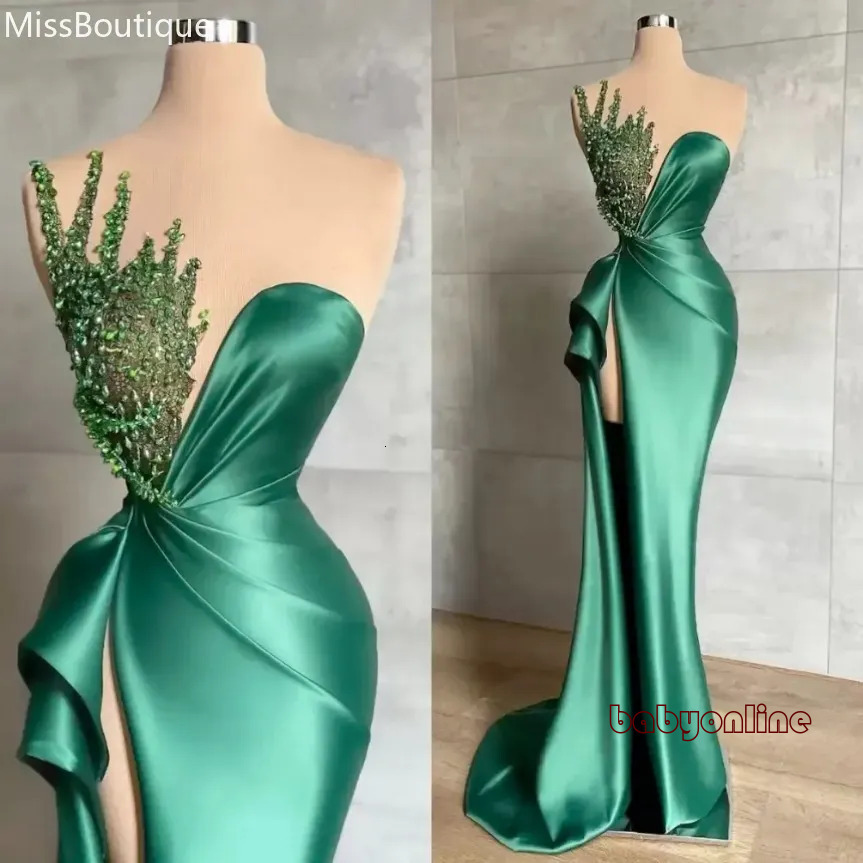 Elegant Hunter Green Mermaid Prom Dresses For African Women Long Sexy Side High Split Shiny Beads Sleeveless Formal Illusion Evening Party Gowns 111