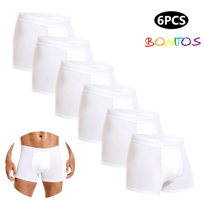 6pcs White Men Panties Cotton Boxers For Man Underwear Pack Male Underpants Slip Sexy Trunks Gift Homme Boxer Shorts 260709BJ