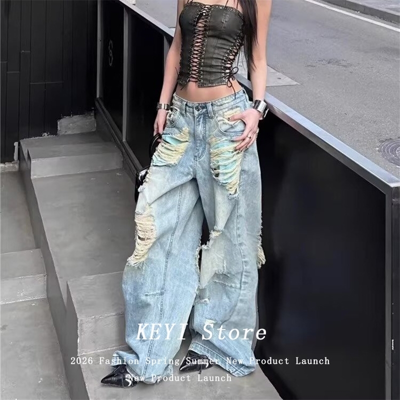 American Style High Waist Loose Womens Jeans Front And Back Hole n Slim Wide Leg Pants Trendy 2026 Spring Summe y260701 8a