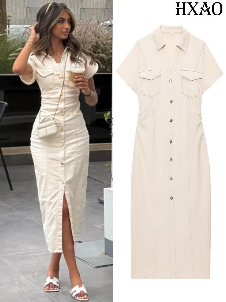 HXAO Denim Womens Dress Button Off White Short Sleeve Midi Dresses Summer Denim Long Dresses Office Elegant Female Clothing 260709BJ