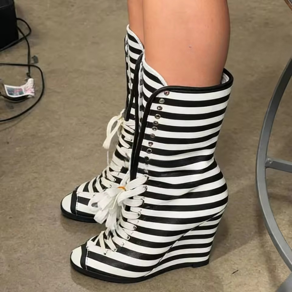 Black and White Striped Wedges Mid-Calf Boots Lace Up Peep Toe Sewing Vintage Cross Straps Sexy Edgy Two-tone Lace-Up High Heels Boots Women Autumn