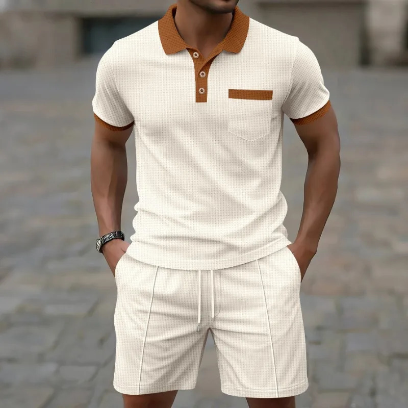 2026 Latest Summer Mens Fashion Casual Trendy Sports Contrast Collar Shirt and Drawstring Shorts 2piece Set 260709BJ