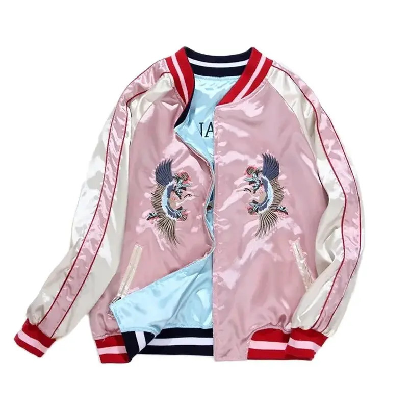 Women Satin Baseball Jacket Sukajan Bomber Double Sided Female Girls Embroidery Coat 2024 Spring Autumn Pink Z1 260630BANJIA