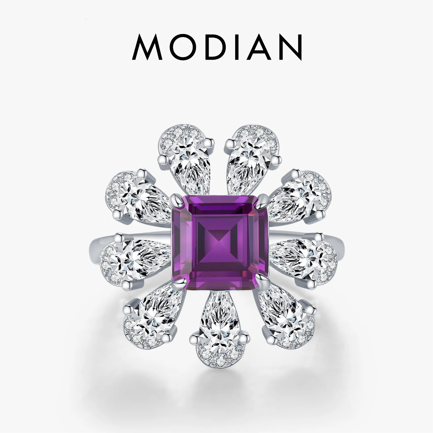 MODIAN 925 Sterling Silver y Ascher Cut Violet Color Flower Zirconia Finger Rings For Women Party Fine Jewelry 260711BJ