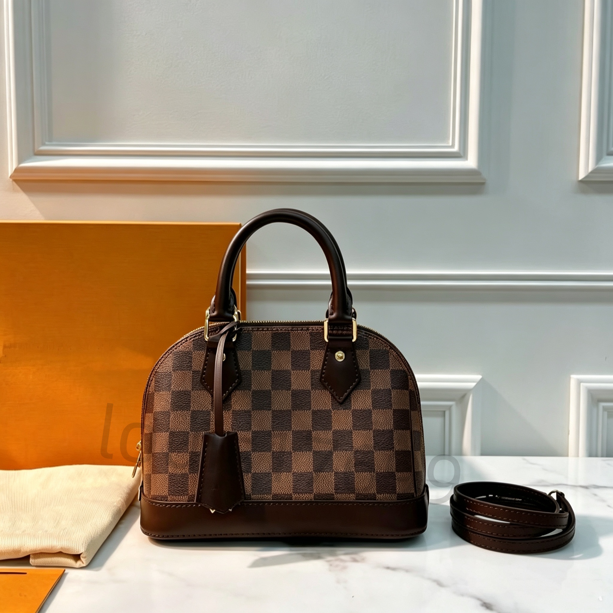 Designer Women Classic Checkered Print Dome Handbag Double Top Handles Zipper Closure Tote Bag Detachable Leather Shoulder Strap Vintage Shoulder Pu
