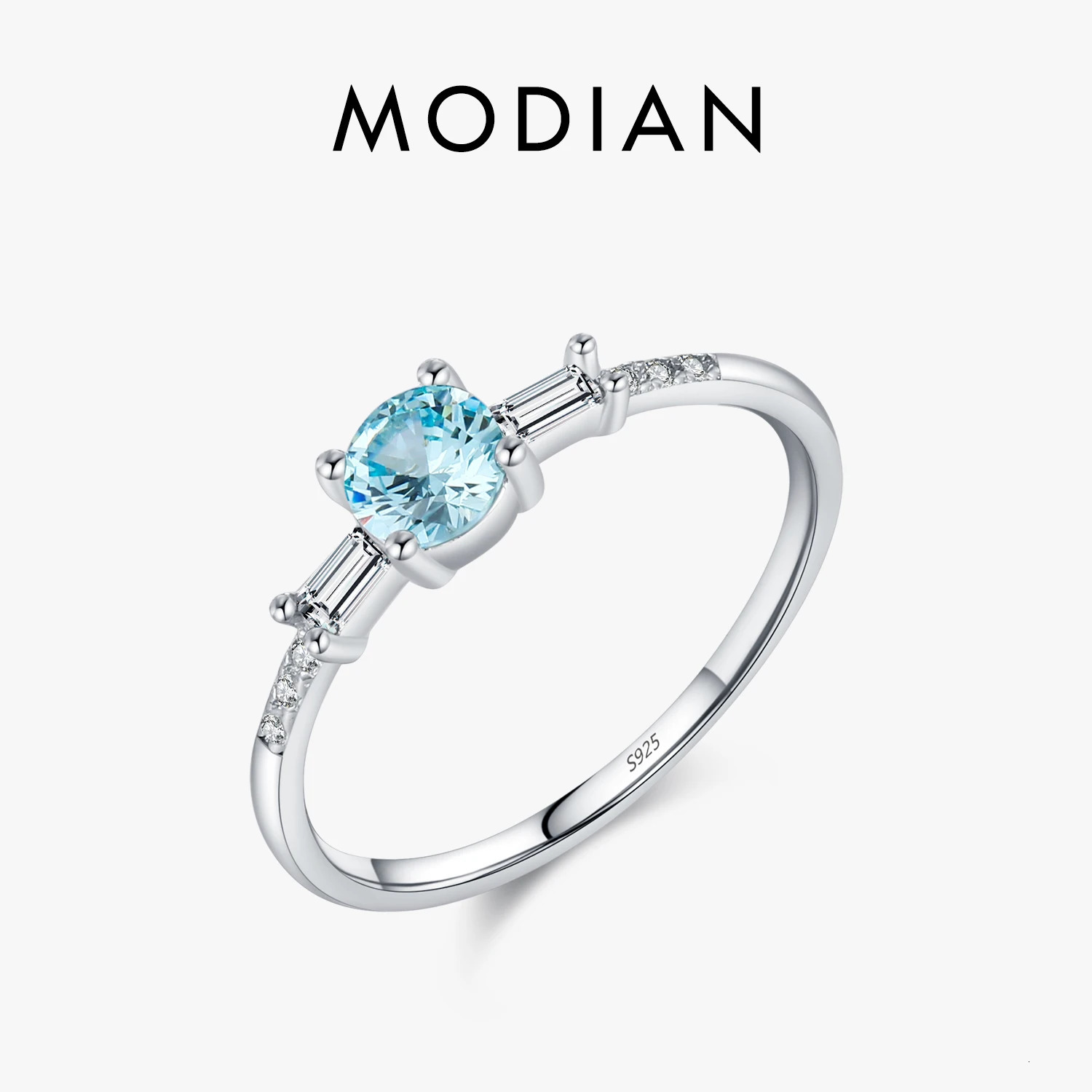 MODIAN 925 Sterling Silver Classic Round Light Blue Cubic Zirconia Rings For Women Wedding Anniversary Fine Jewelry Gifts 260711BJ