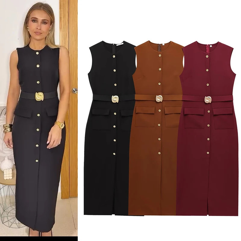 Womens Dress Black Long Dresses Spring Summer Button Up Sleeveless Sundress Vestidos Elegant Casual Womens Dresses 260711