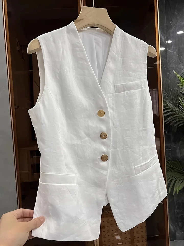 Womens Linen Blend Vest VNeck Sleeveless ButtonDown Waistcoat Lightweight Tailored Suit for Business Casual Office 260711banjia