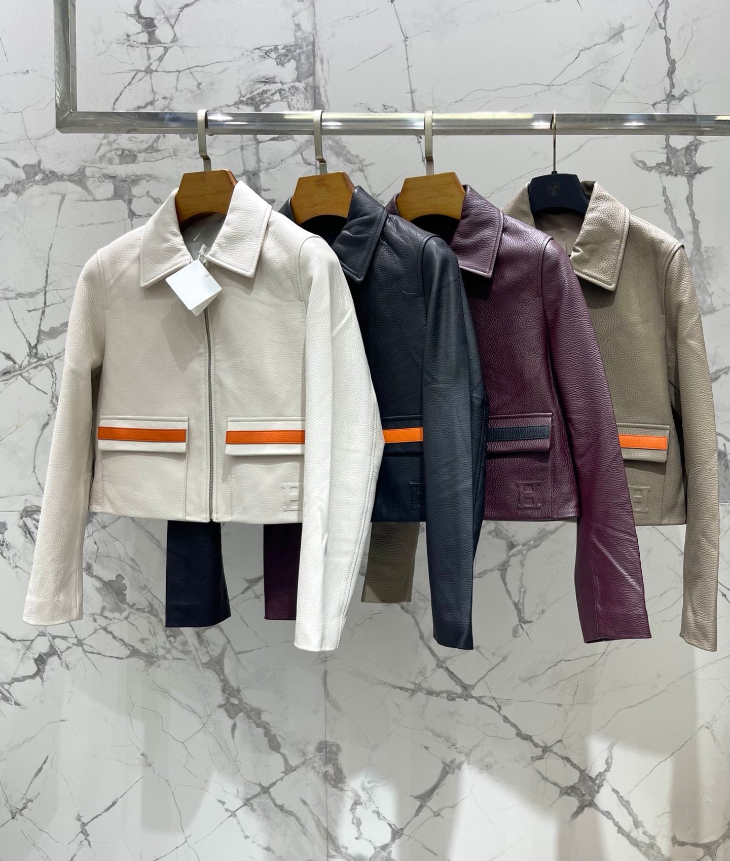 Autumn and winter new double pocket decorative lapel contrasting leather jacket