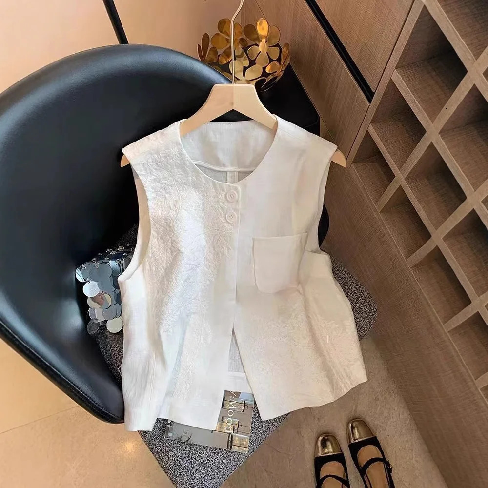 Womens Heavy Industry 3D Embroidery Linen Vest Sleeveless Short Top White Summer Style 260711banjia