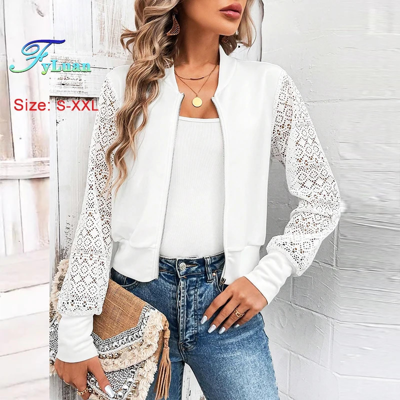 2025 Spring Elegant Womens Jacket Fashion Lace Splicing Hollow Out Texture Casual Tops Long Sleeve Female Baseball Clothing 260630BANJIA