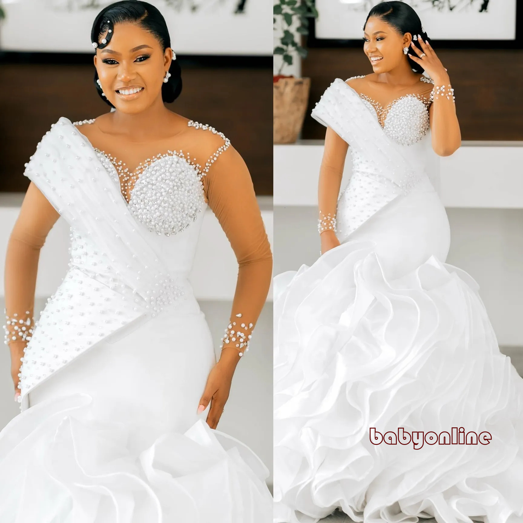 Arabic Aso Ebi Plus Size White Wedding Dresses Sheer Neck Full Sleeves Pearls Organza Tiers Elegant Bridal Gowns Dress For Brides Zj2055