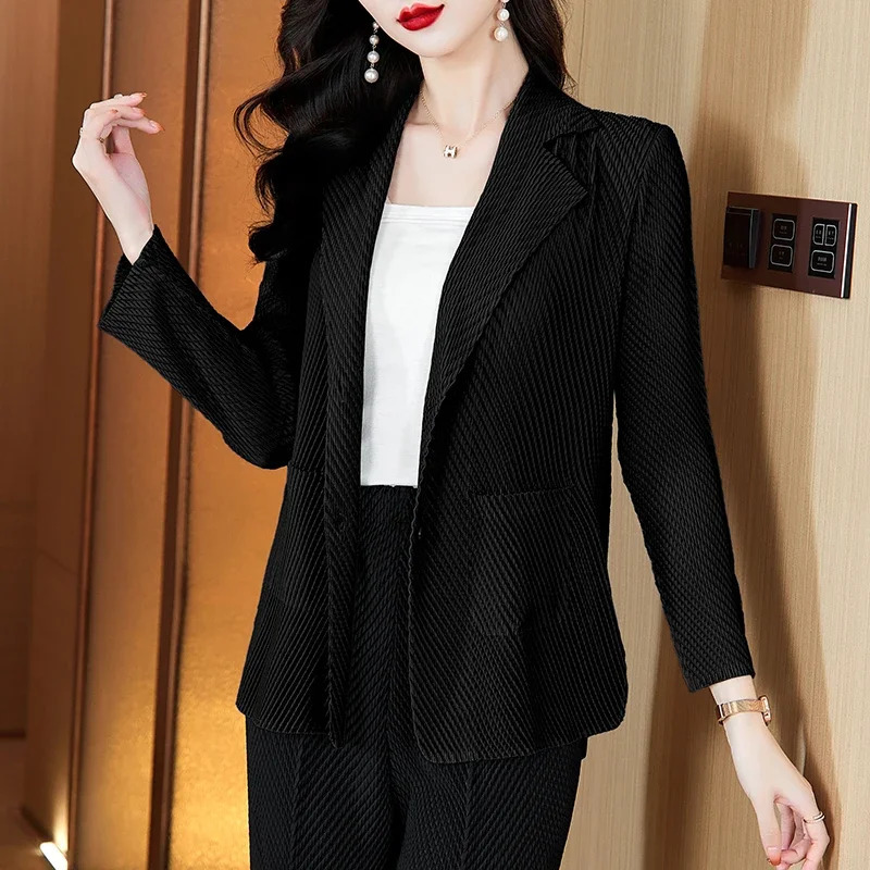 Miyake Simple Solid Color Dragon Scale Pleated Blazer Temperament Twobutton Longsleeved Cardigan Womens Autumn Top 260708BANJIA