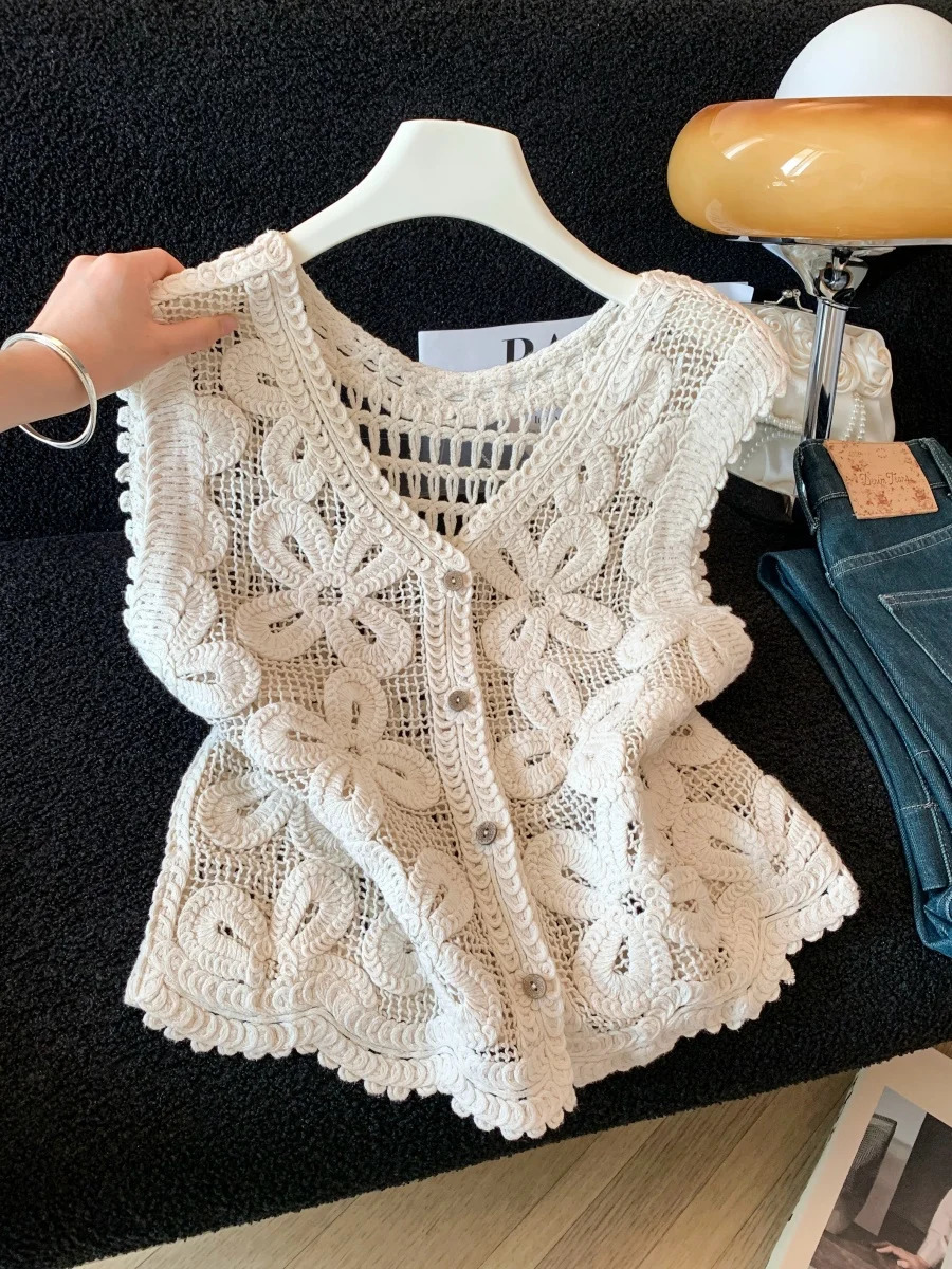 Sleeveless Crochet Floral Lace Vest Cardigan Sheer Openknit Button Down Blouse Summer Beach Coverup Vacation Outfit 260711