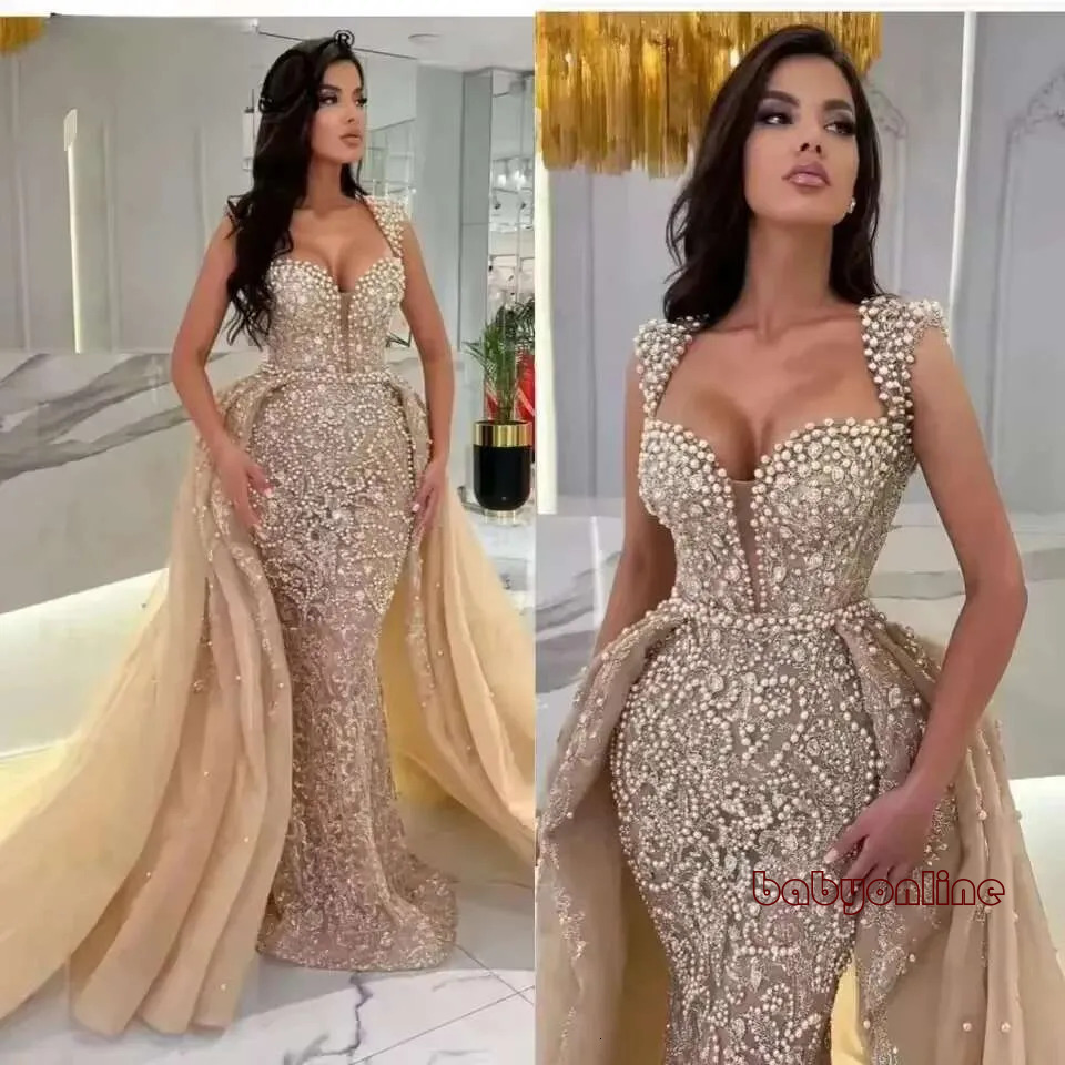 Elegant Champagne Evening Detachable Traig Cap Sleeve Pearls Beads Dubai Arabic Formal Mermaid Prom Dress Customized