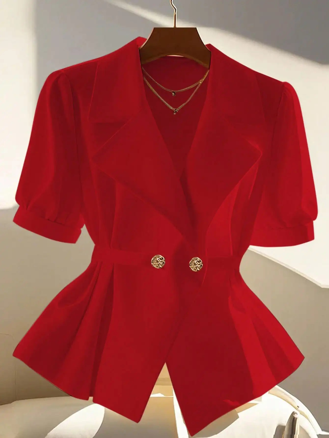 Womens Red Short Sleeve Blazer 2026 Lapel Double Breasted Waist Peplum Office Work Business Casual Jacket jacket women 260708BANJIA