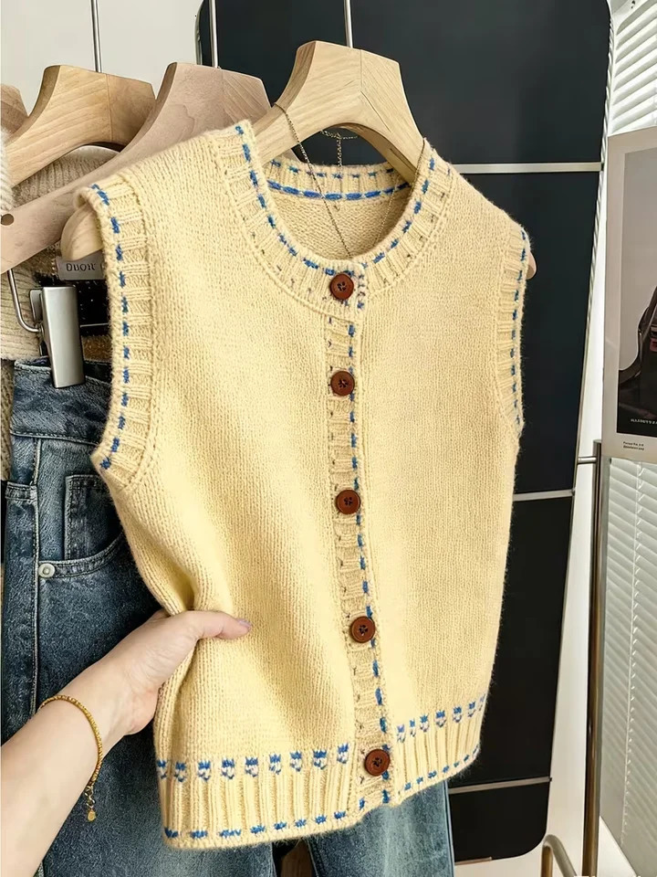 Womens Casual Top Loose Knitted Vest Sweater SingleBreasted RoundNeck n Pullover Spring Summer and Autumn Style 260711banjia
