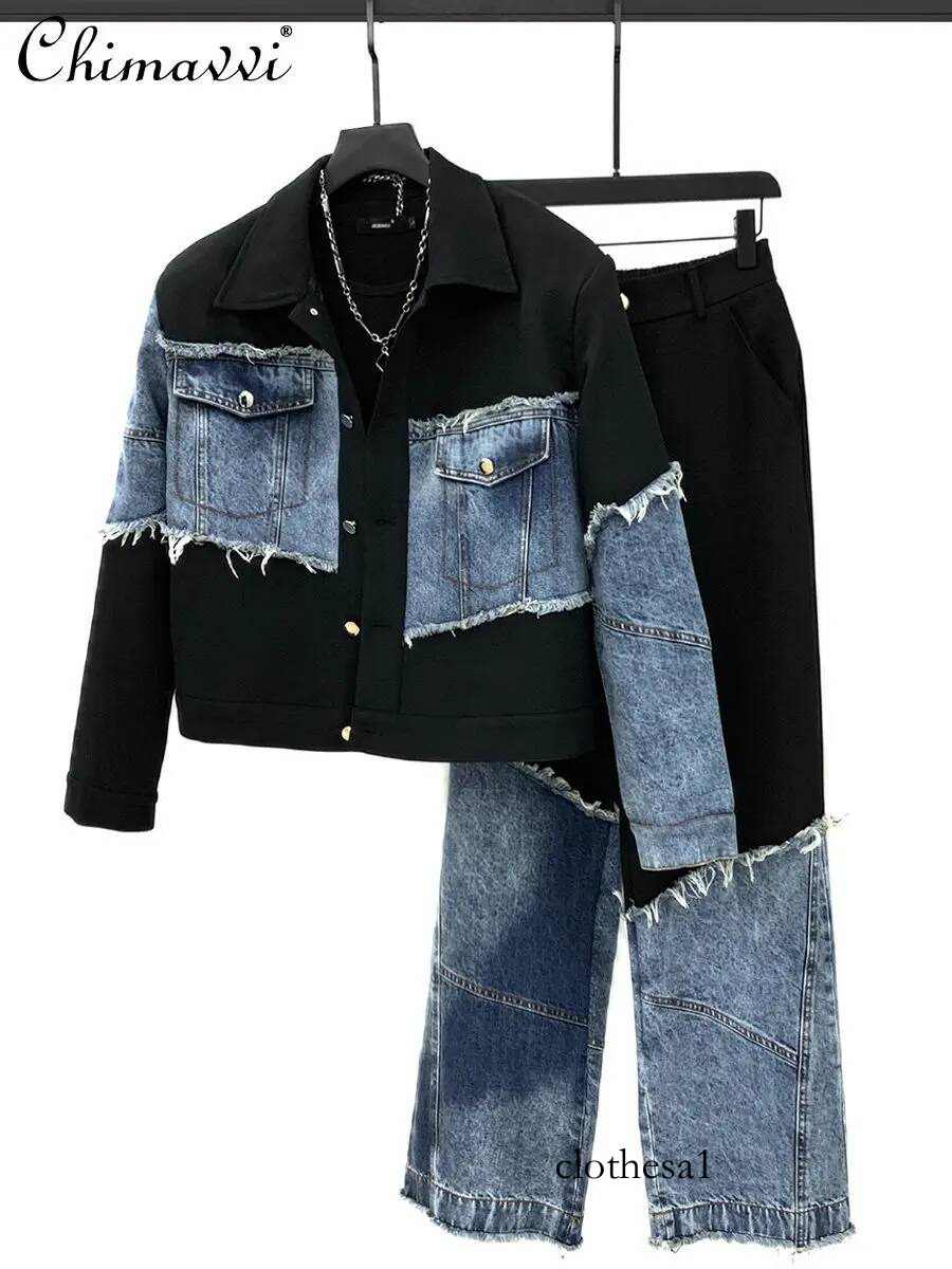 2026 Spring New Highstreet Stylish Men's Outerwear Denim Patchwork Short Jacket Loose Straight Long Pants Two-Piece Sets
