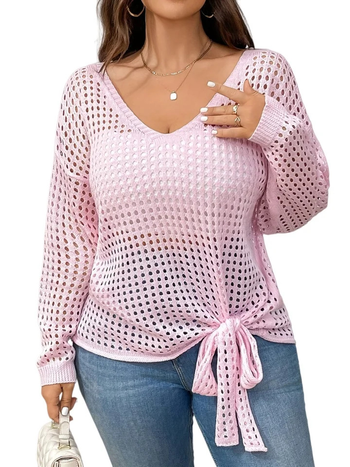 European and American PlusSize Womens Spring Summer Style Sexy HollowOut Pullover VNeck Knit Top Blouse for Women 260711