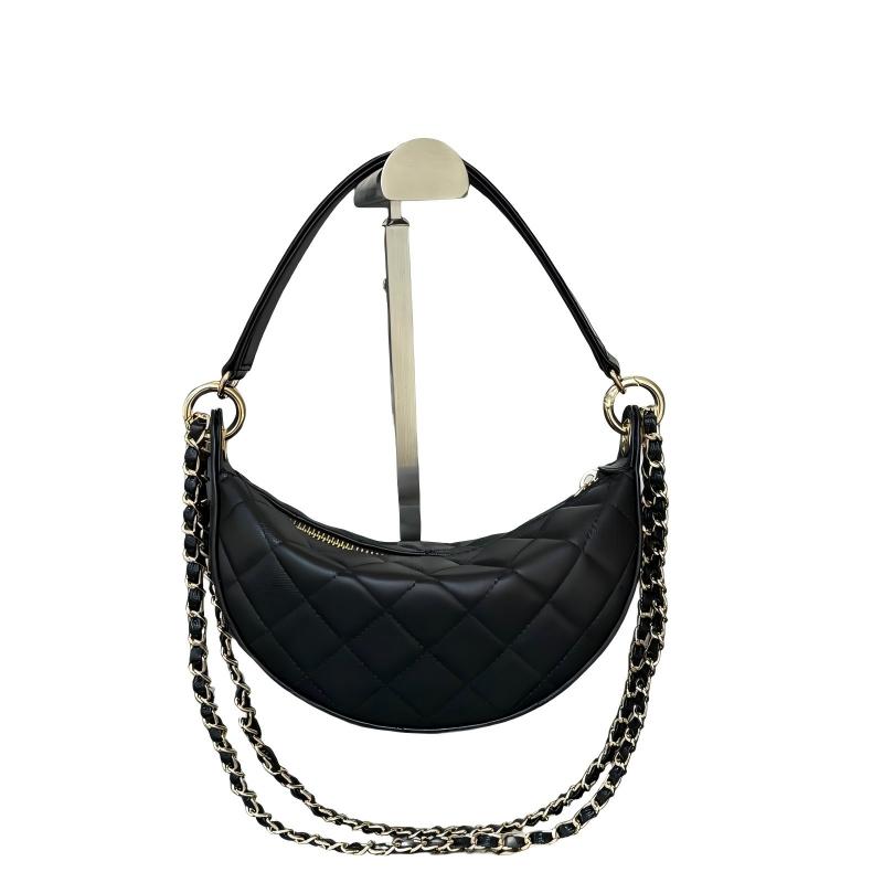 Women Designer Shoulder Purse, 22cm Premium Half Moon Bag, Quilted Caviar Cowhide & Straw Woven Multiway Underarm Crossbody Handbag with Double Chai