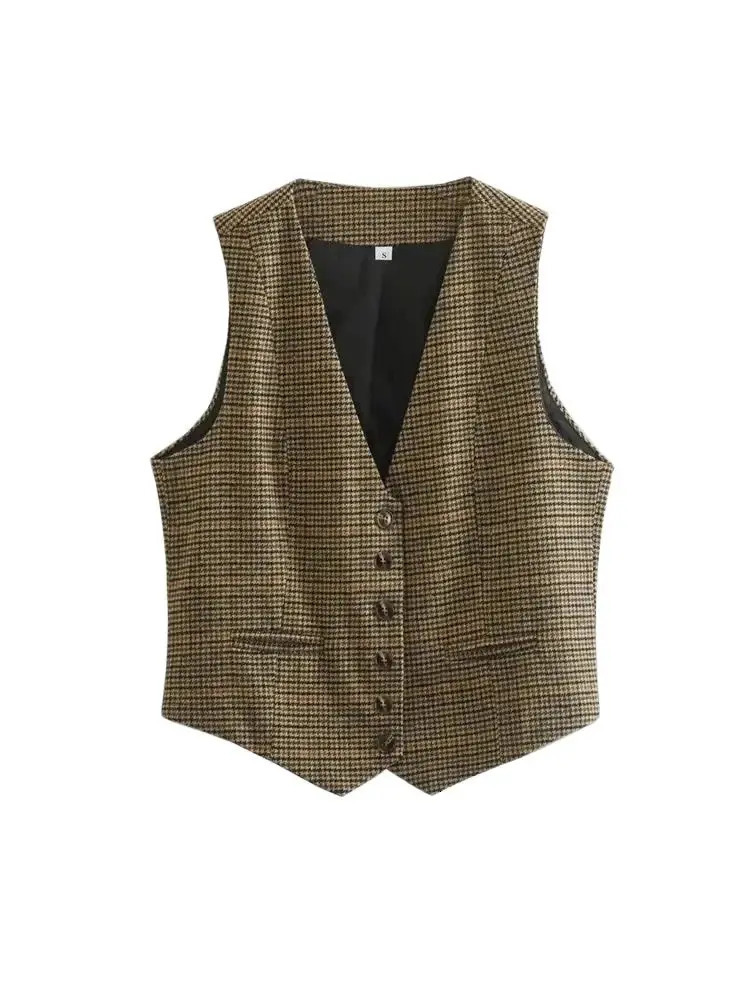 Womens Front Button Houndstooth Waistcoat V Neck Sleeveless Vest Female Outerwear Chic Tops Fashion 260711banjia