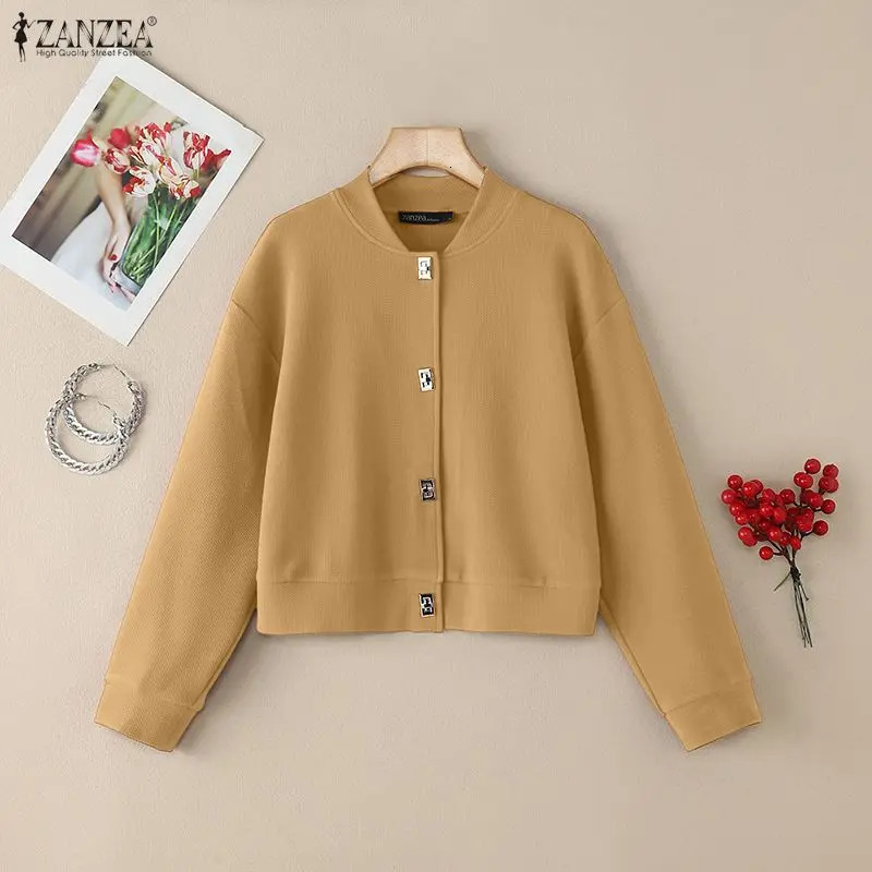 Womens Textured Twill Baseball Jackets Autumn Casual Long Sleeve Solid Button Up Short Trend 2026 ZANZEA Woman Coats 260630BANJIA