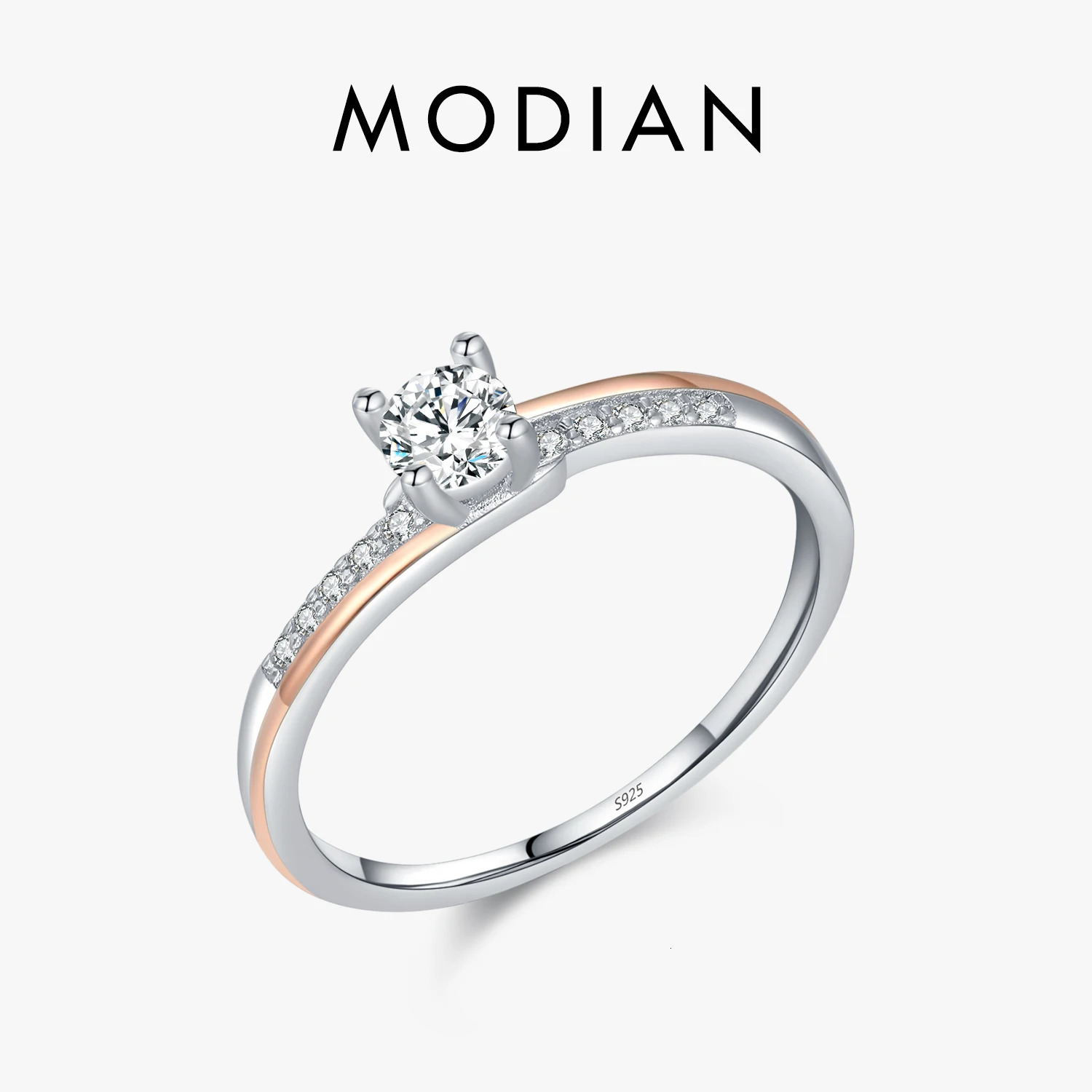 MODIAN 925 Sterling Silver Classic Wedding Elegant Ring Rose Gold Color Line Unique Metallic Contrast n Jewelry For Women 260711BJ
