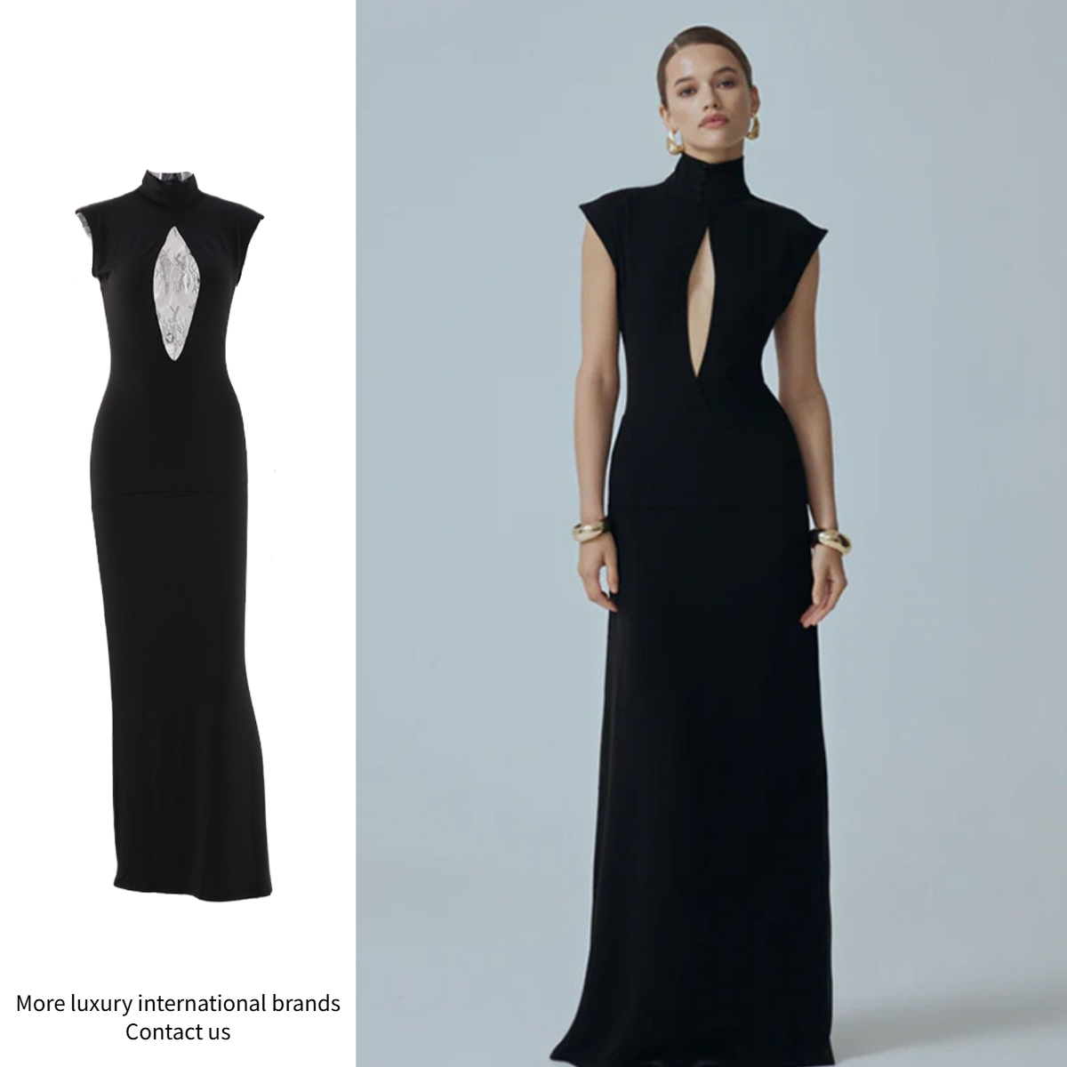 Robe de soirée de banquet de luxe italien pour femmes, col Mandarin, découpe sur la poitrine, fente haute, longueur au sol, robes de célébrité de
