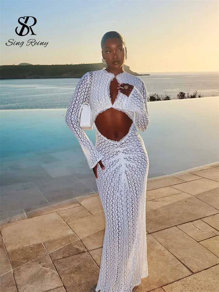Urban Sexy Dress SINGREINY Fashion Hollowed Out Lace Patchwork Women Solid Long Sleeve Pleated Bodycon bodycon Maxi Dress Summer Lady Vacation Gownt