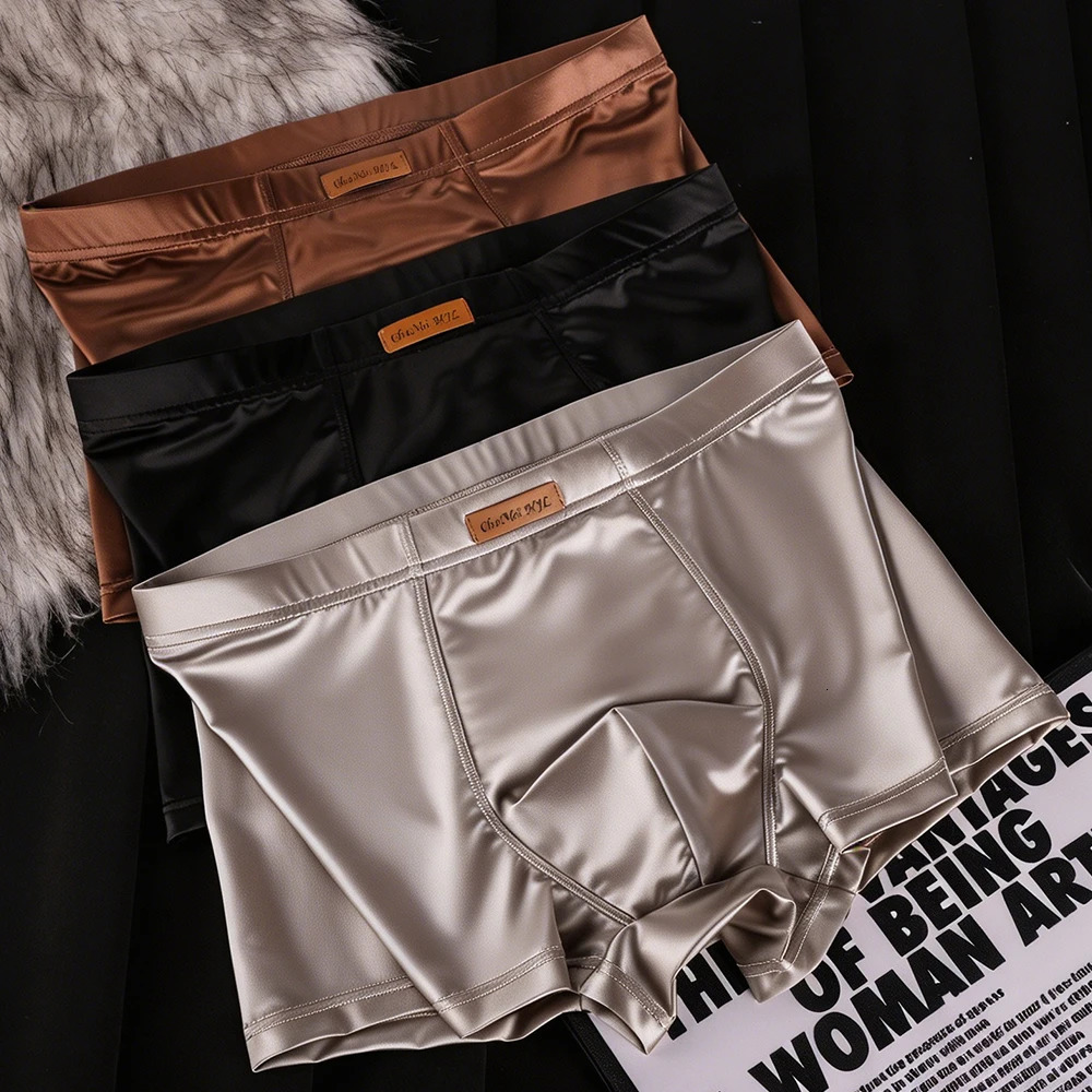13PCS y Solid Ice Silk Satinlike Mens Panties Smooth Breathable Mesh Crotch Underwear Arrival High Elastic Boxers Hombre 260711banjia