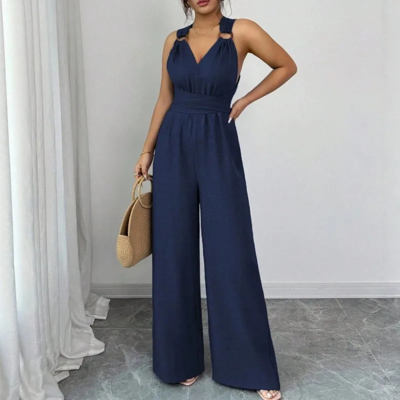 2026 Summer Womens Solid Color Back Hollow Elegant Temperament Fashionable And Comfortable Wide Leg Jumpsuit Pants 260710